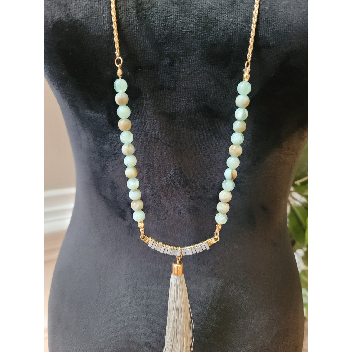 Women's Long Beaded Necklace with Tassel Pendant and Gold Chain
