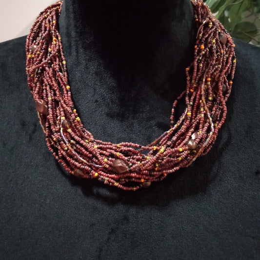 Womens Boho Style Multi Strand Brown Beaded Collar Necklace with Lobster Clasp