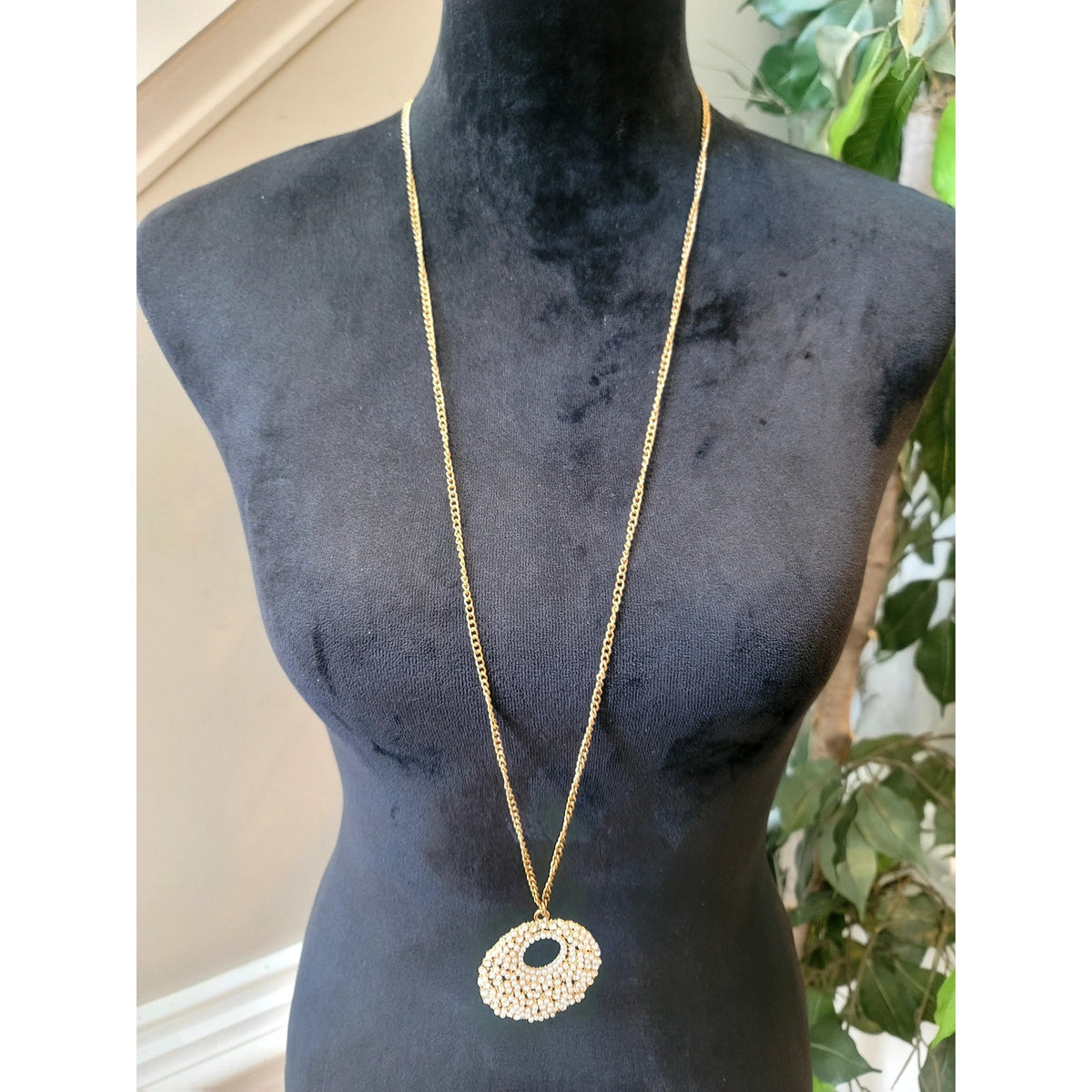 Vintage Gold Tone Long Pendant Necklace White Rhinestone Oval Statement Charm
