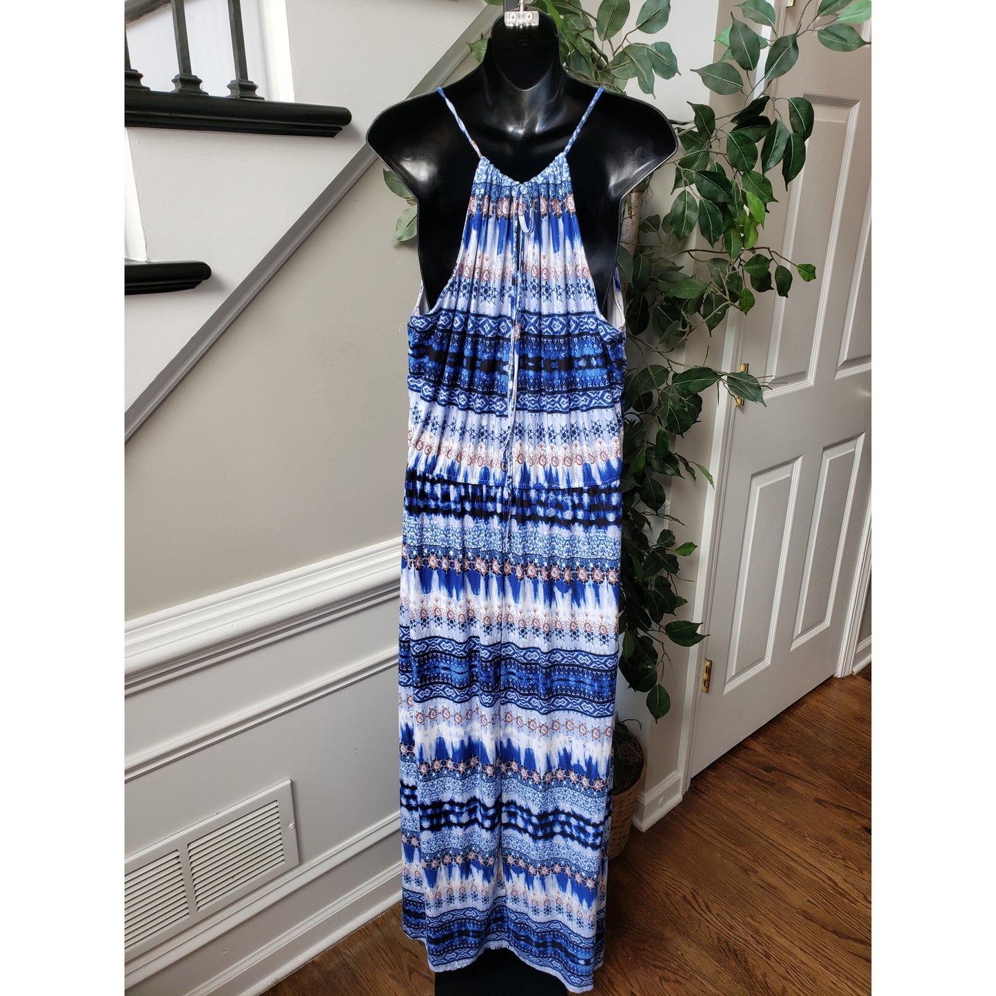 Rouge Long Maxi Dress Women's Size 2X Blue & White Strap Scoop Neck Sleeveless