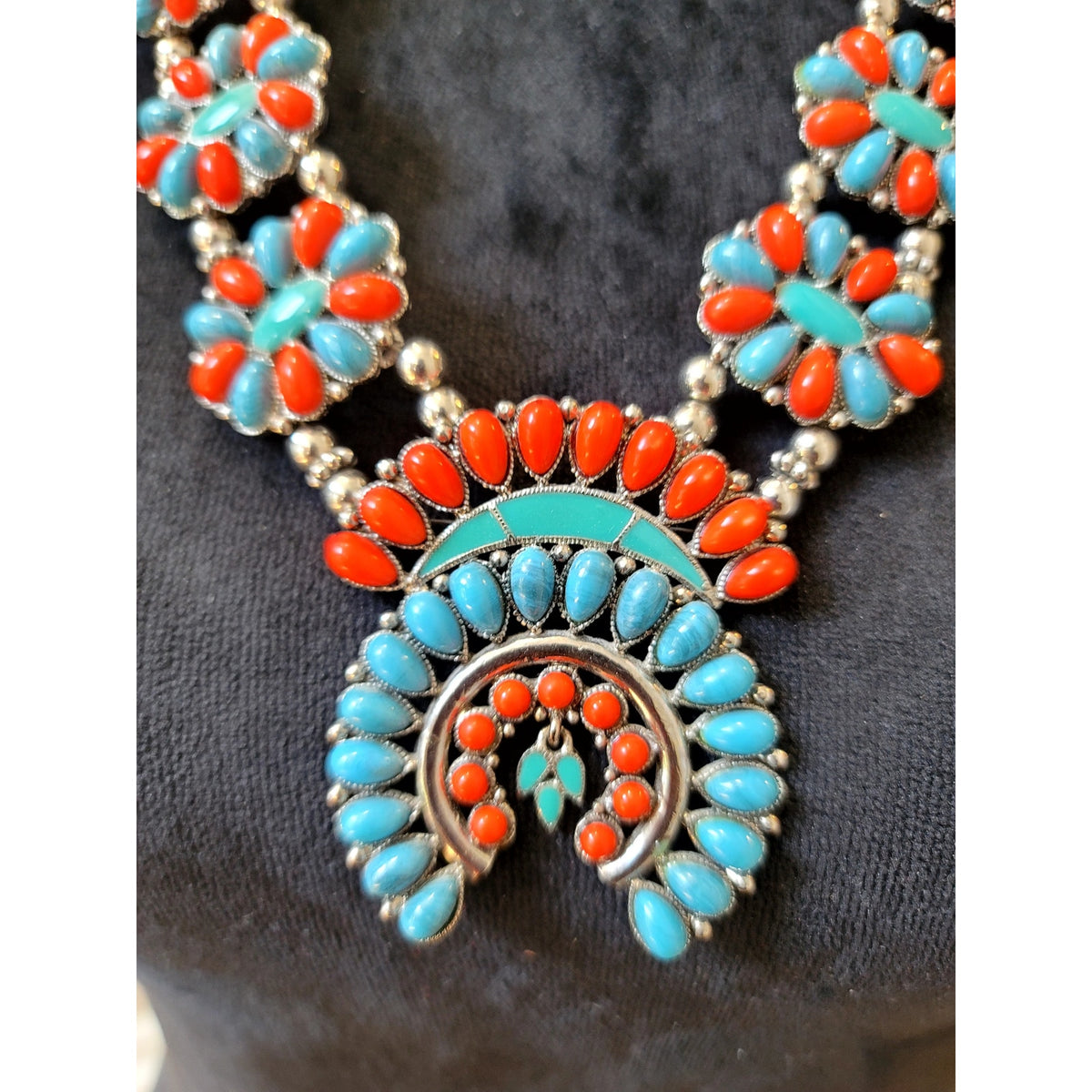 Southwestern Turquoise & Coral Squash Blossom Statement Necklace Boho Tribal