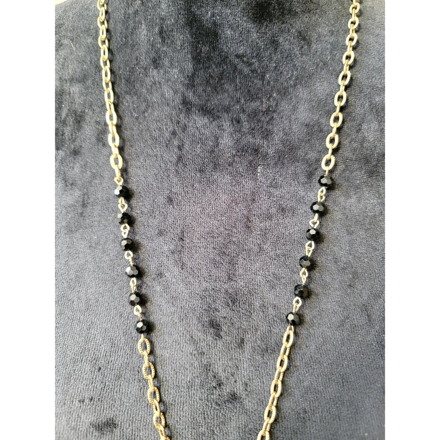 Loft Black Crystal Statement Pendant Necklace Gold Tone Long Chain Vintage