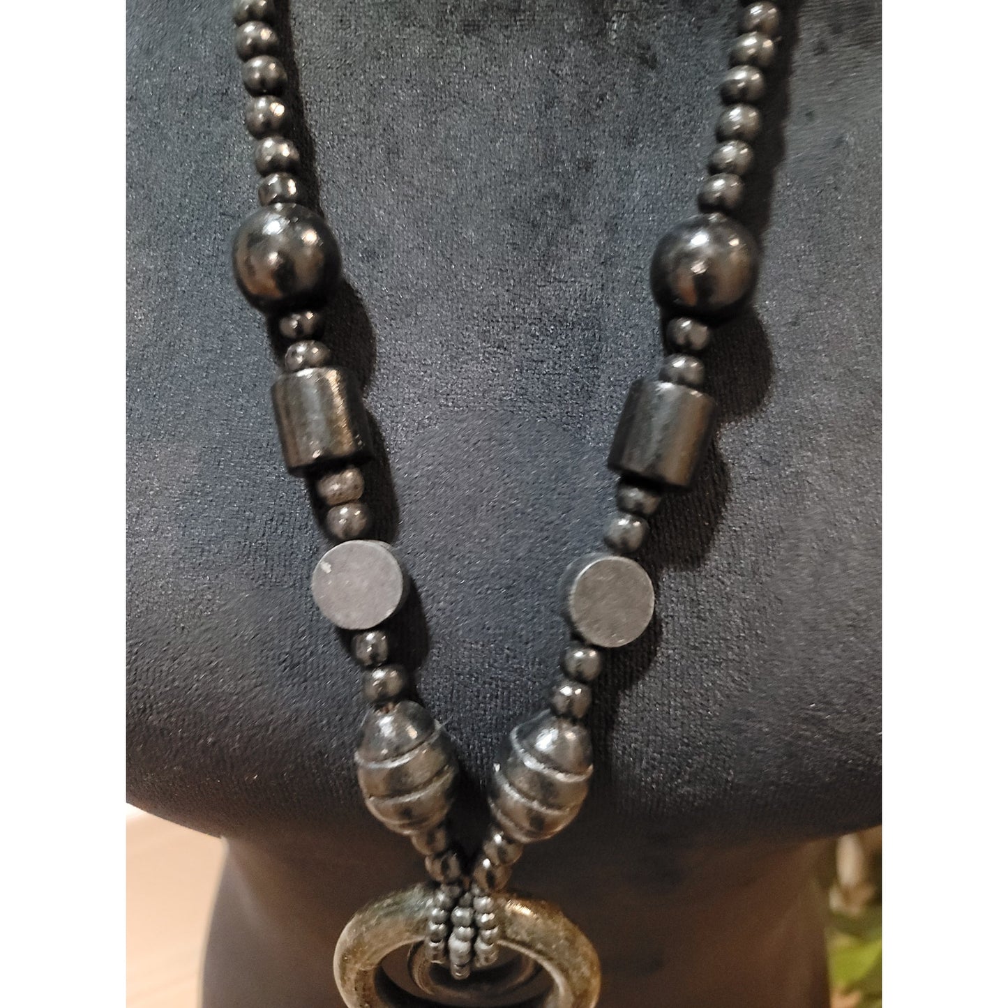 Women's Wood Beaded Statement Necklace With Large Round Pendant Fashion Jewelry