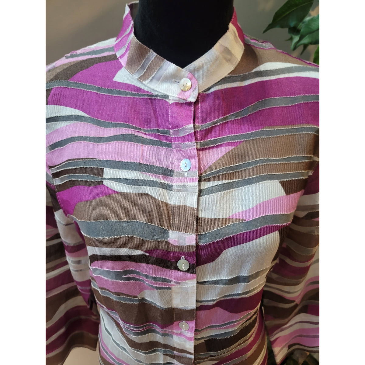 Alfred Dunner Shirt 10 Multi Denim Abstract Band Collar 3/4 Sleeve Button-Up