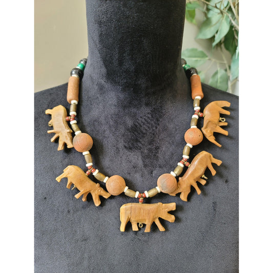 Women's Wooden Animal Pendant Necklace with Beads and Adjustable Closure