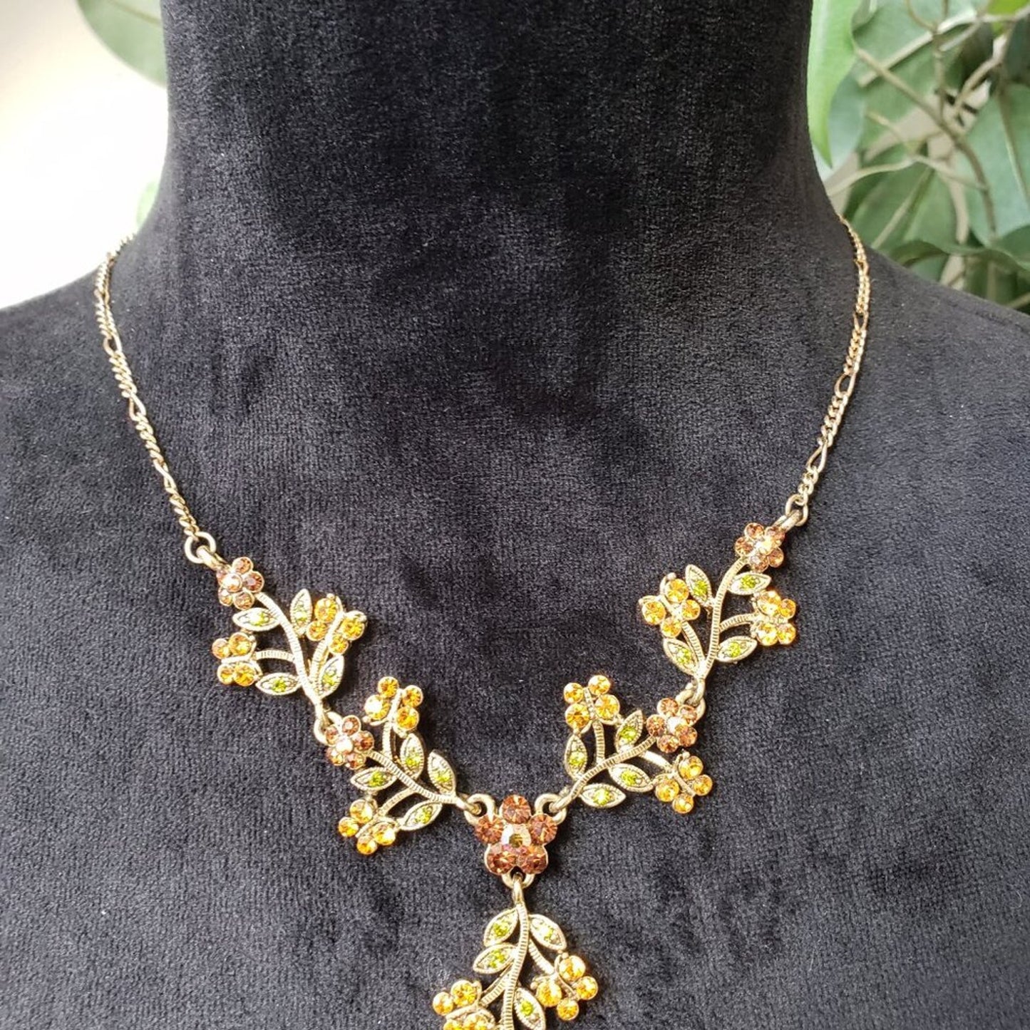Vintage Yellow & Brown Crystal Leaf Flower Pendant Necklace with Lobster Clasp