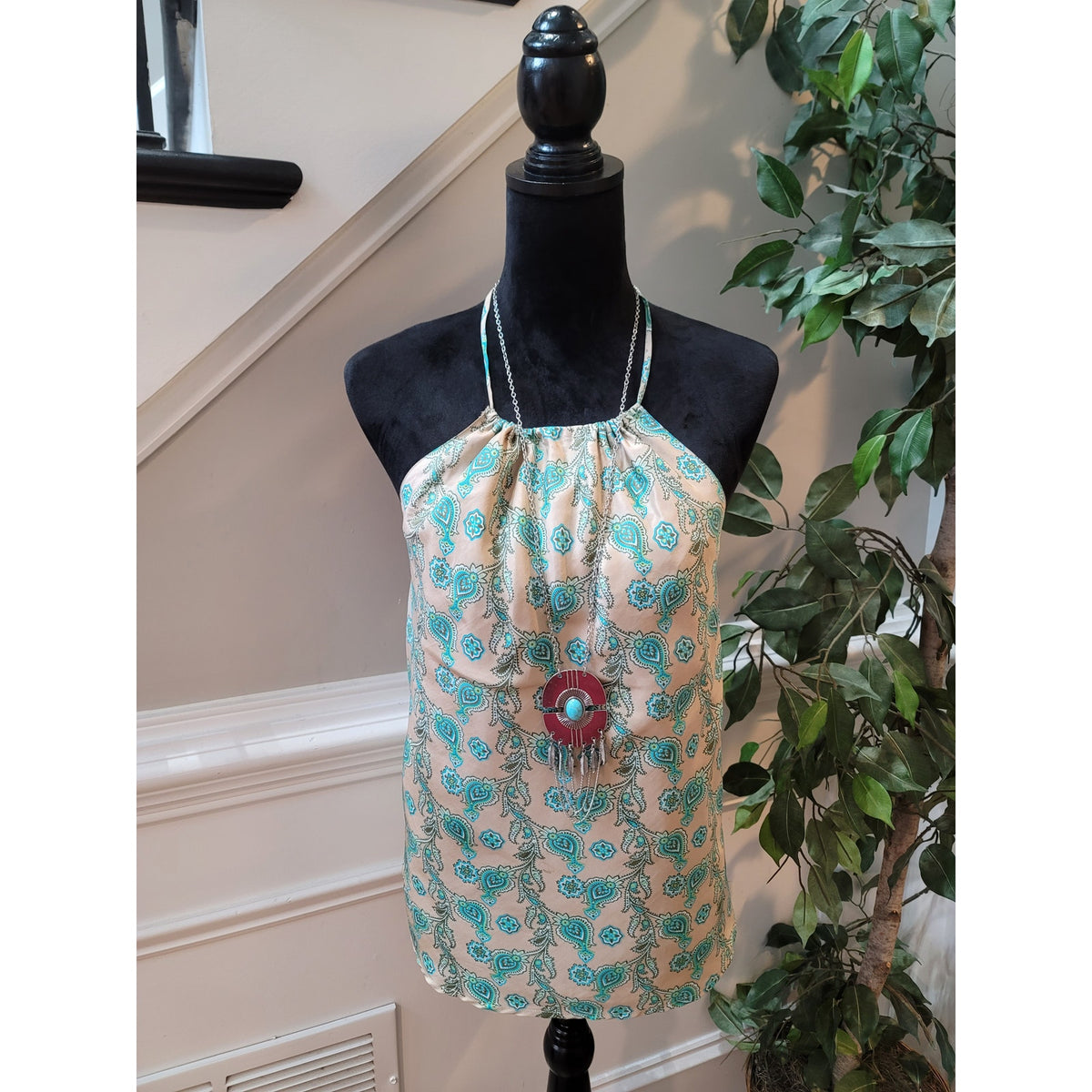 Gap Halter Top Women's SZ XL Turquoise Beige Paisley Printed Open Back Blouse