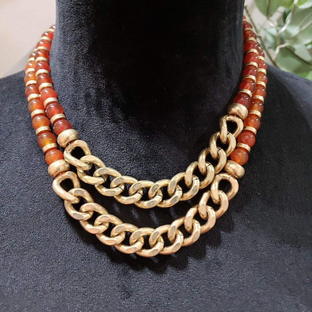 Women Fashion Red Bead Chunky Gold Curb Chain Collar Necklace with Lobster Clasp