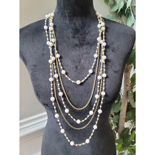 Women's Layered Pearl Beaded Gold Chain Necklace Lobster Clasp Statement