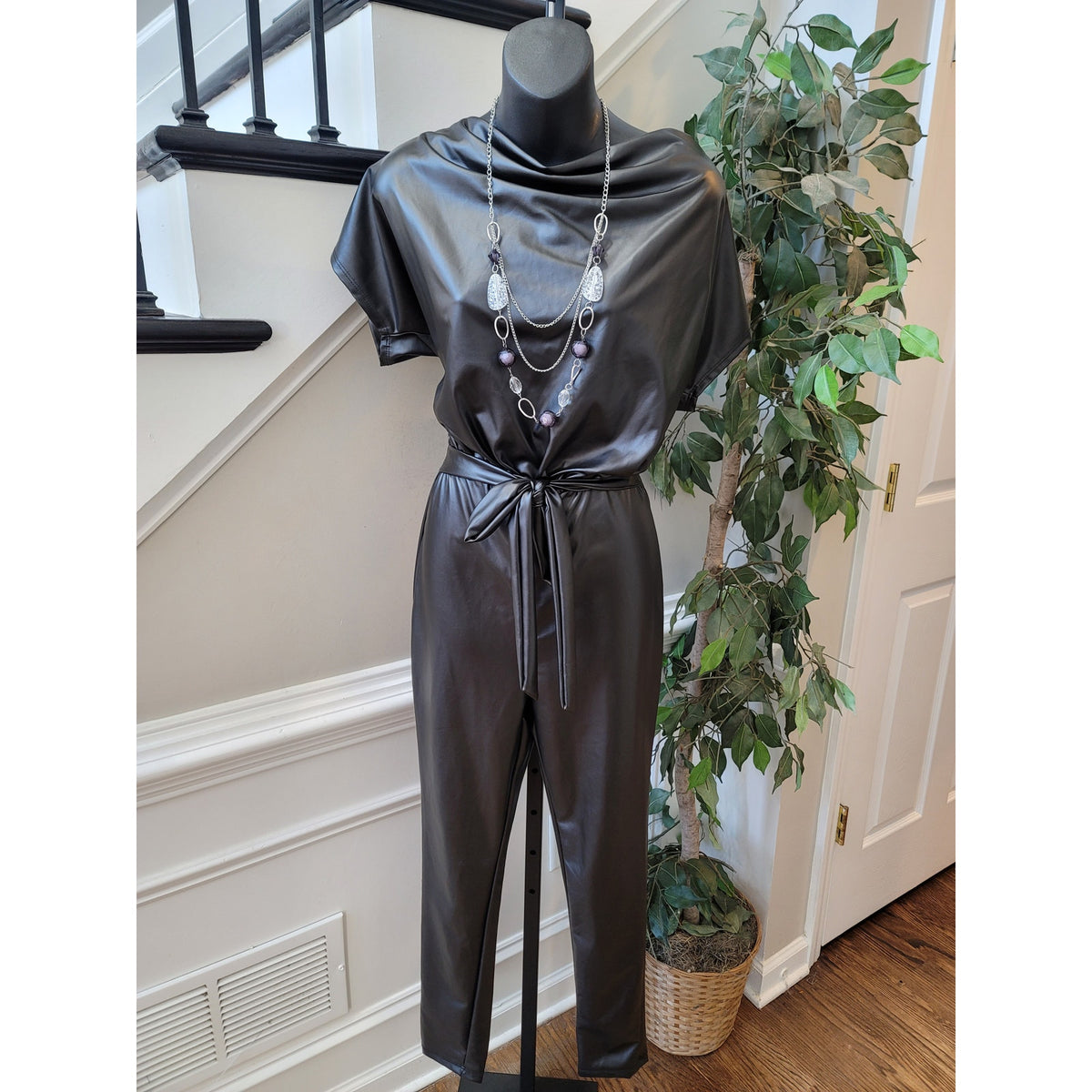 Fashion Nova Faux Leather Jumpsuit Women’s Size XS Black Short Sleeves