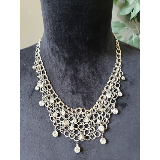 Women's Silver Statement Bib Necklace Rhinestone Dangle Lobster Clasp