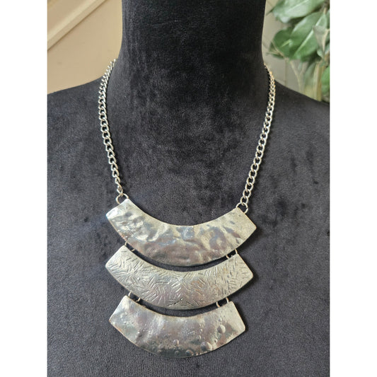 Antique Silver Tone Hammered Metal Layered Geometric Collar Necklace