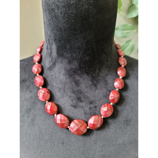 Women's Red Faceted Bead Necklace with Silver Spacers and Lobster Lock