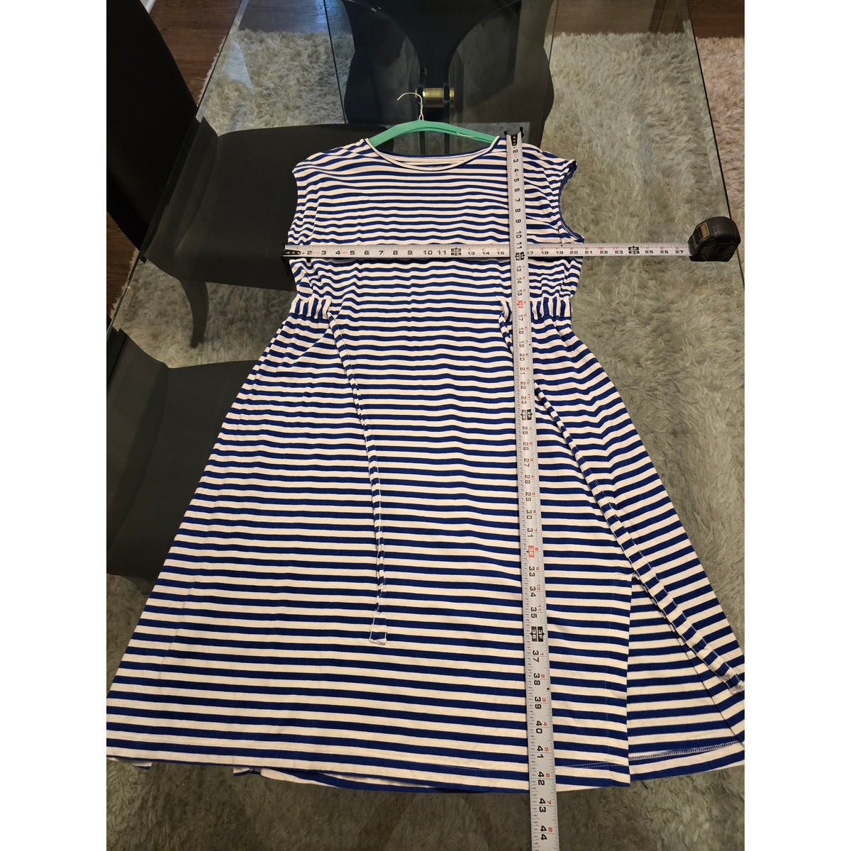 Sonoma Midi Dress Womens SZ 1X Blue/White Striped Tie-Waist Side Slit Round Neck