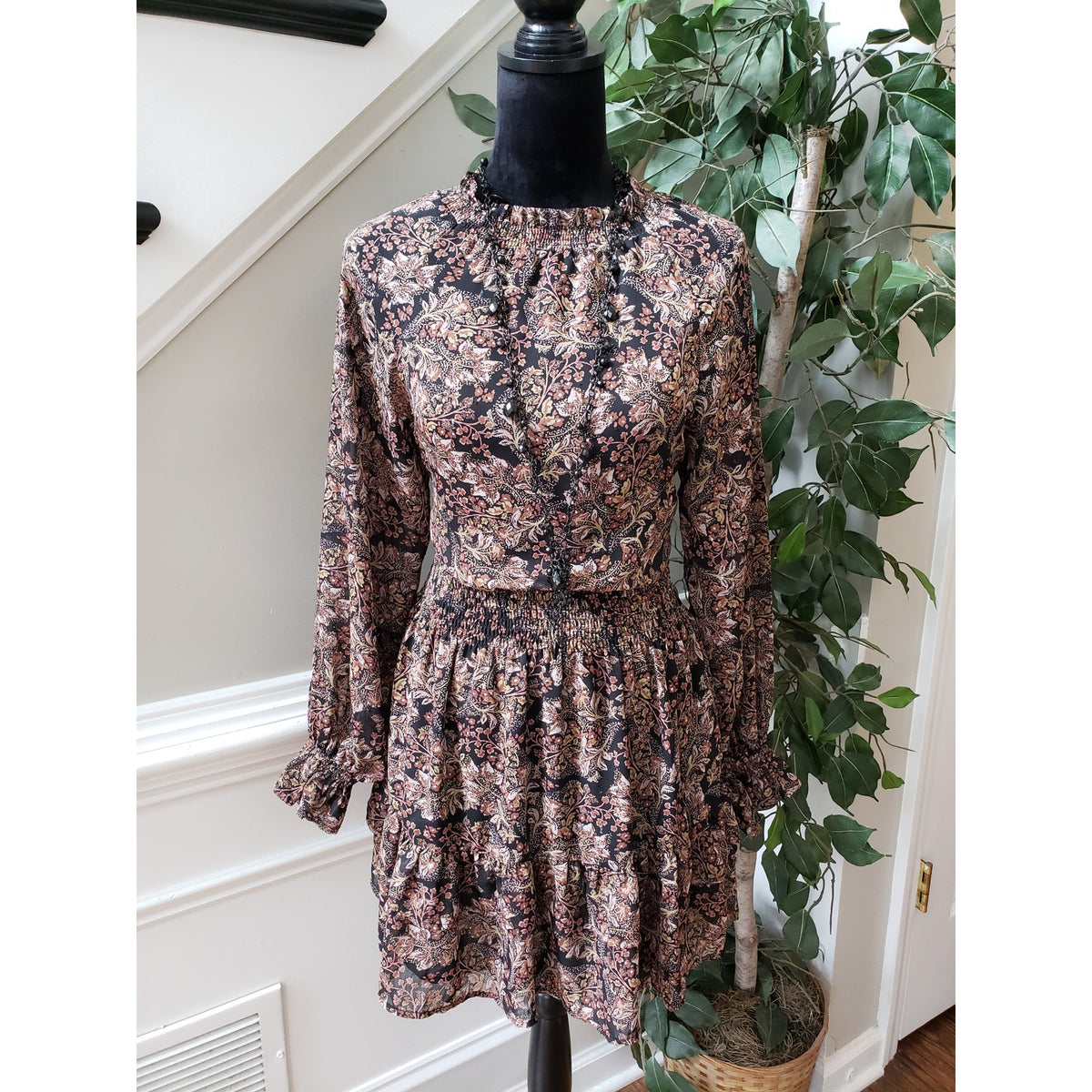 VICI Mini Dress Womens XS Multi Floral Polyester Lined Smocked Waist Mock Neck