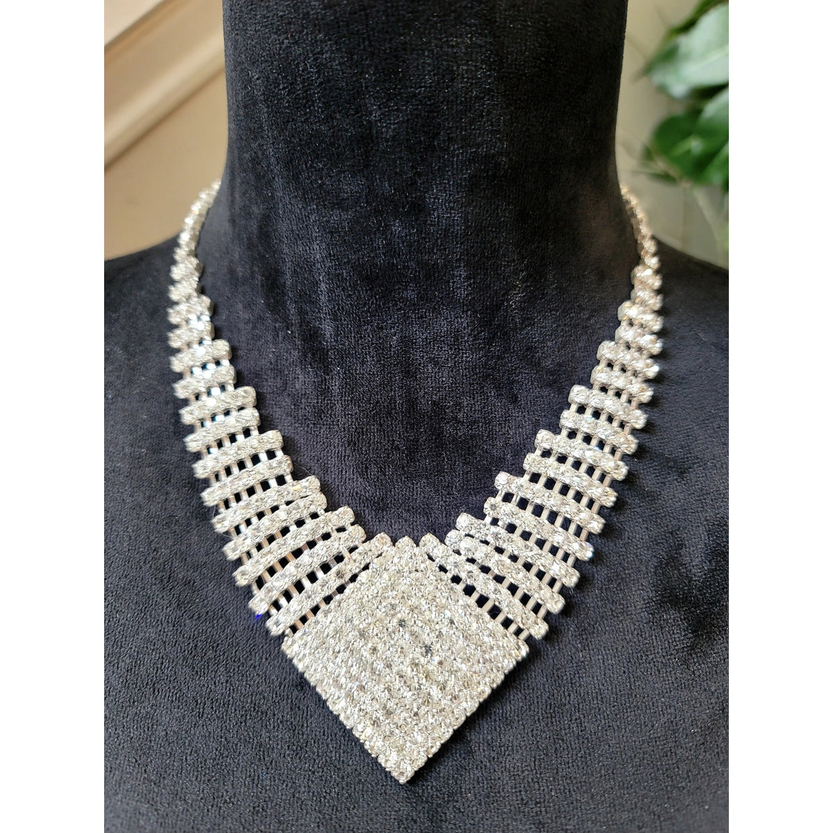 Vintage Rhinestone Statement Necklace & Earring Set Silver Tone Bridal Glam