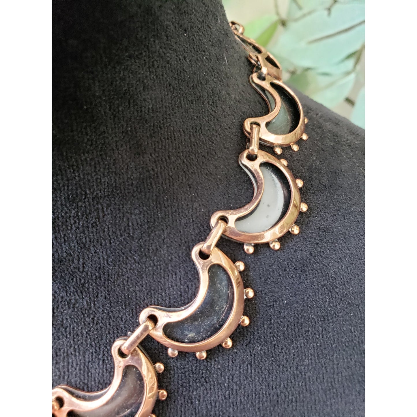Women Copper with Black Enamel Crescent Moons Clip-On Link Necklace with Lobster