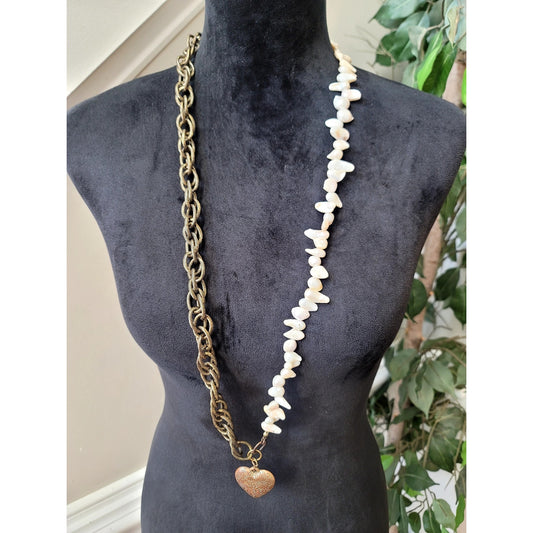 Long Gold Tone Chain Necklace White Chip Stone Heart Locket Pendant Boho Jewelry