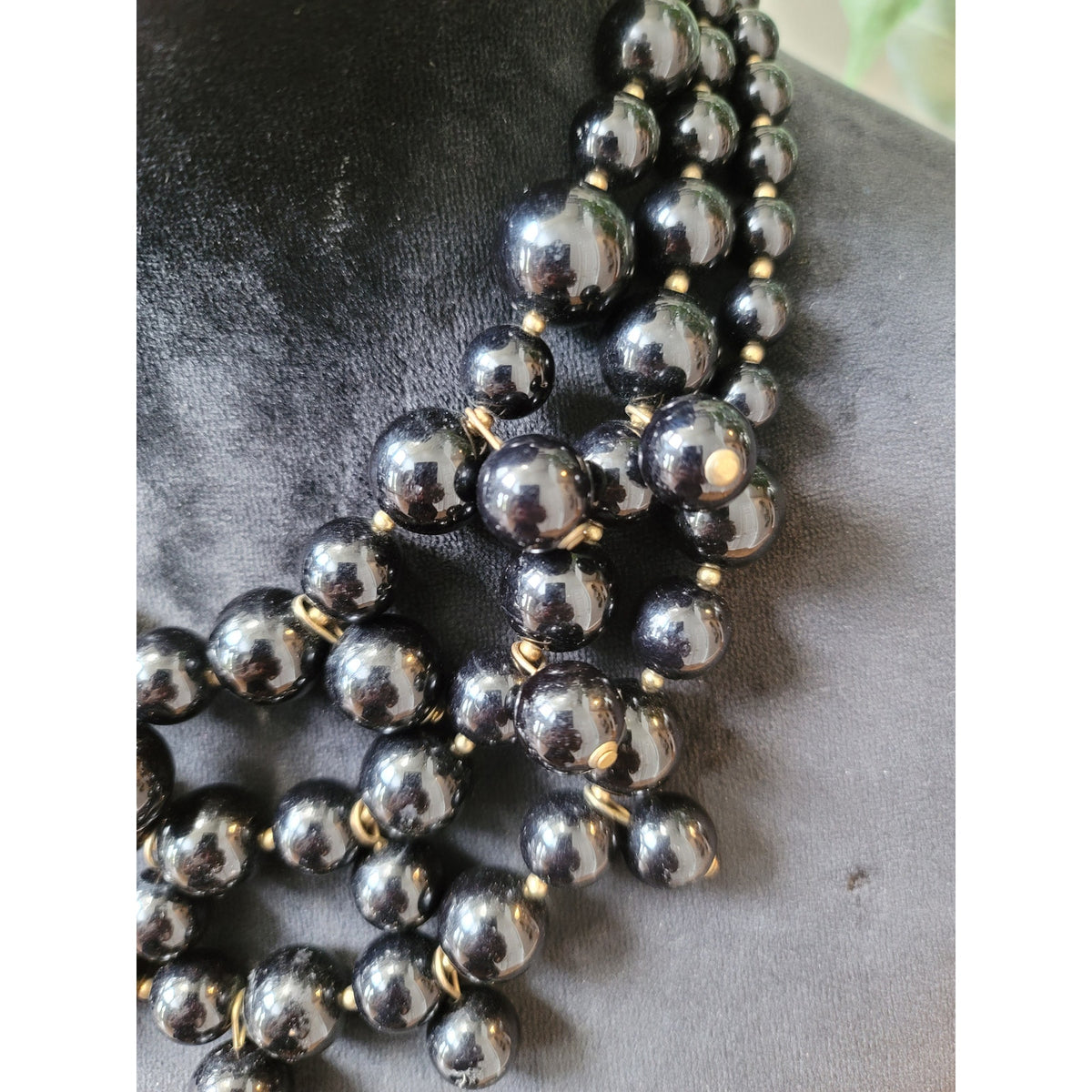 Women's Black Beaded Multi Strand Necklace With Gold Tone Hook Clasp Jewelry