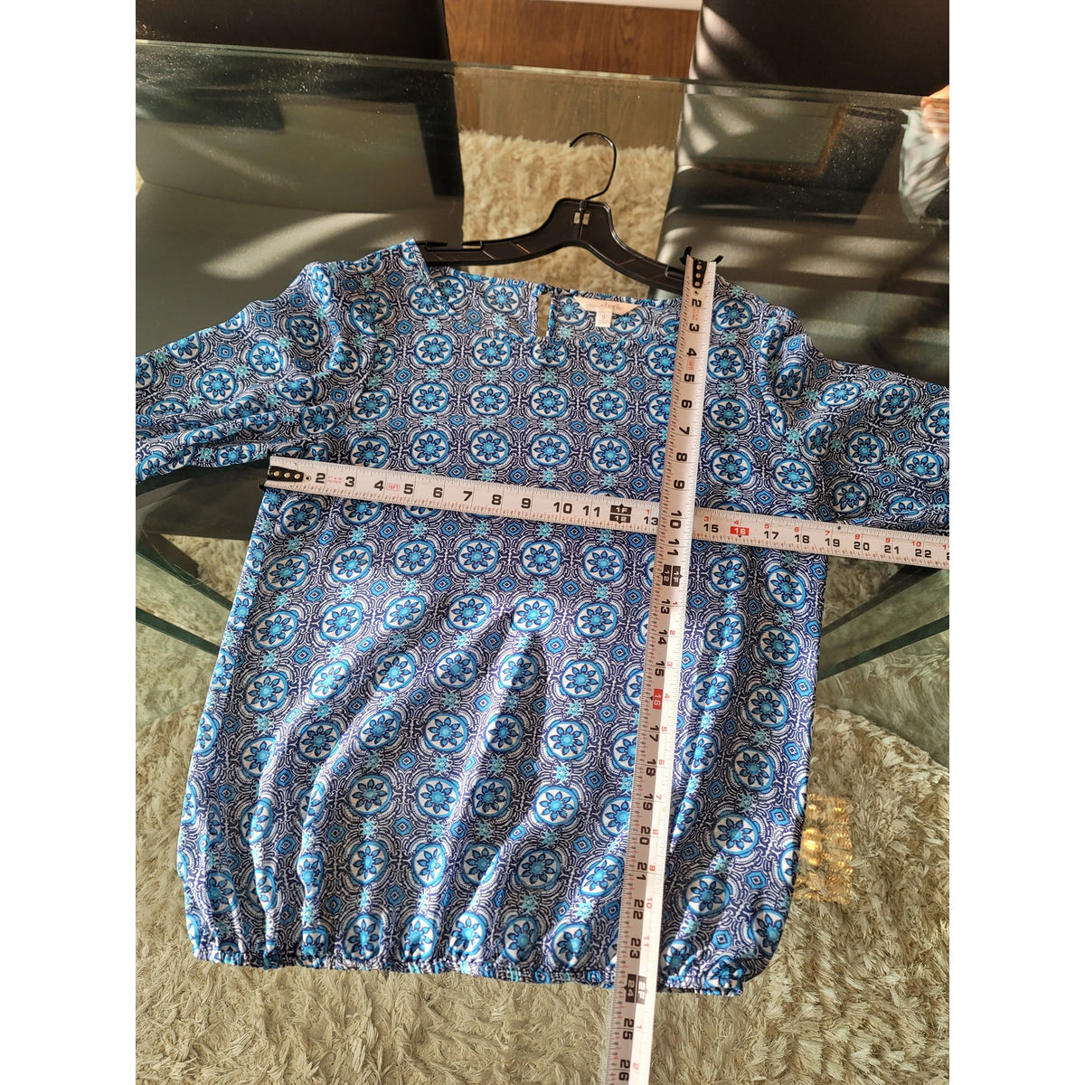 Charming Charlie Blouse S Multi Geometric Scoop Tie Long Sleeve Casual Pullover