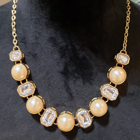 Women Fashion Gold Plated Faceted Crystal & Sea Pearls Necklace w/ Lobster Clasp