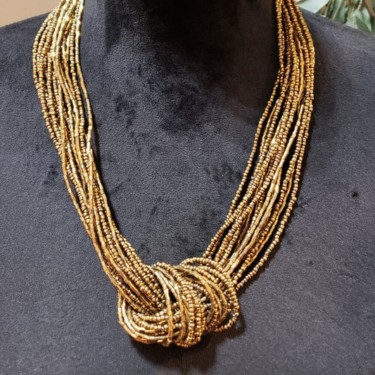Womens Fashion Gold Tone Multi Strand Seed Beaded Necklace with Lobster Clasp