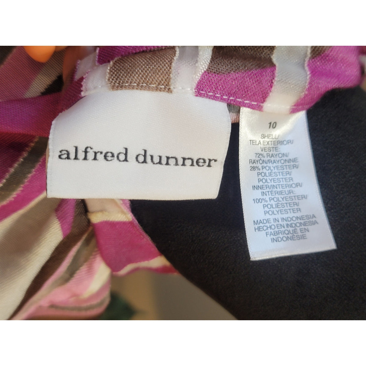 Alfred Dunner Shirt 10 Multi Denim Abstract Band Collar 3/4 Sleeve Button-Up