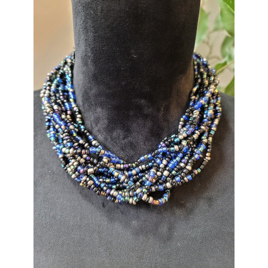 Women's Multi-Strand Beaded Necklace in Black and Blue with Iridescent Beads