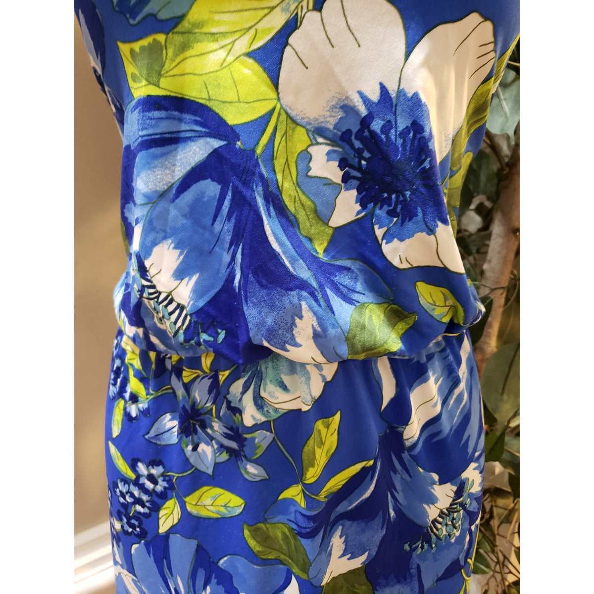 Tacera Maxi Dress Women's Size 2X Blue Floral Stretch Sleeveless Shoulder Tie
