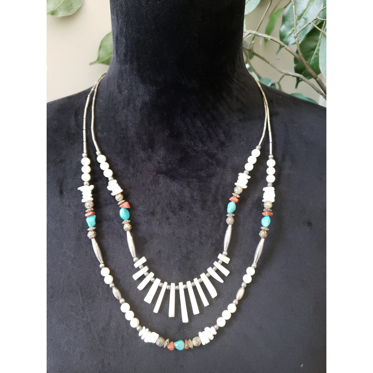 Womens 2 Strand Tribal Boho Agate Fan Sticks Turquoise Beads Statement Necklace