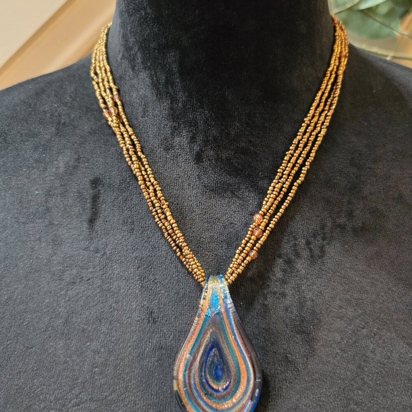 Women's Gold Seed Bead Swirl Leaf Teardrop Shaped Art Glass Pendant Necklace