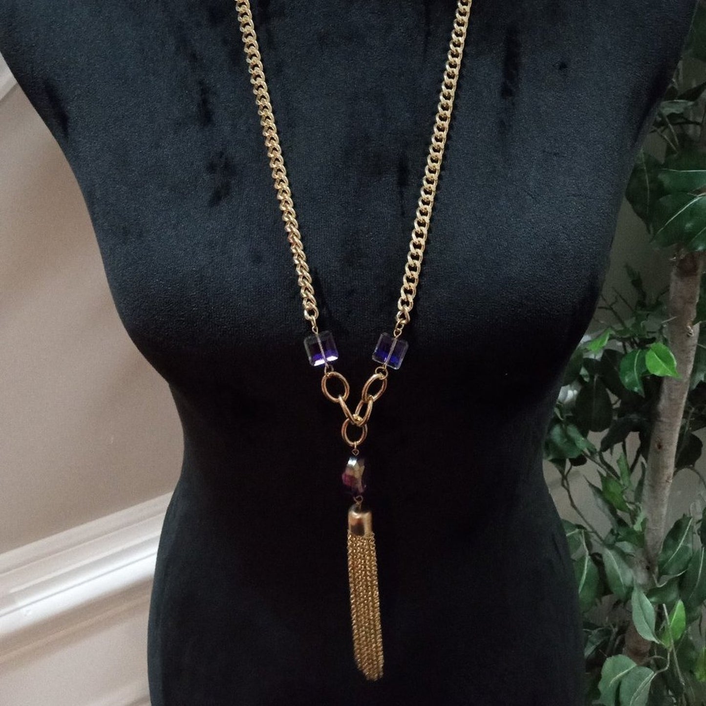 Women Fashion Elegant Blue Rhinestone Beads Gold Tone Tassel Pendant Necklace