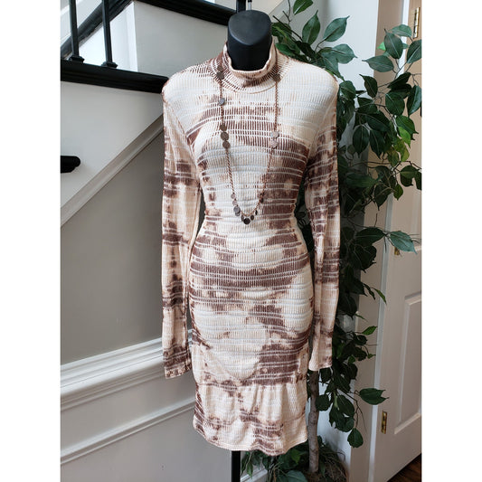 Lulus Knee Length Dress Women's M Beige Stretch Long Sleeve Mock Neck Pullover
