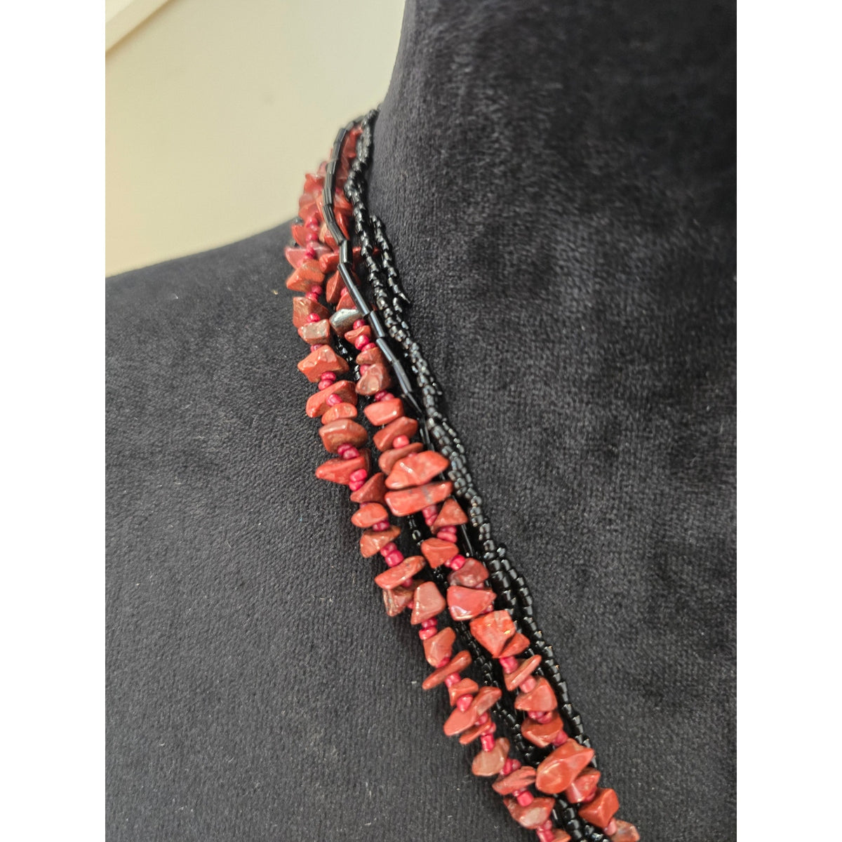 Orange Black Multi Strand Beaded Pendant Statement Necklace