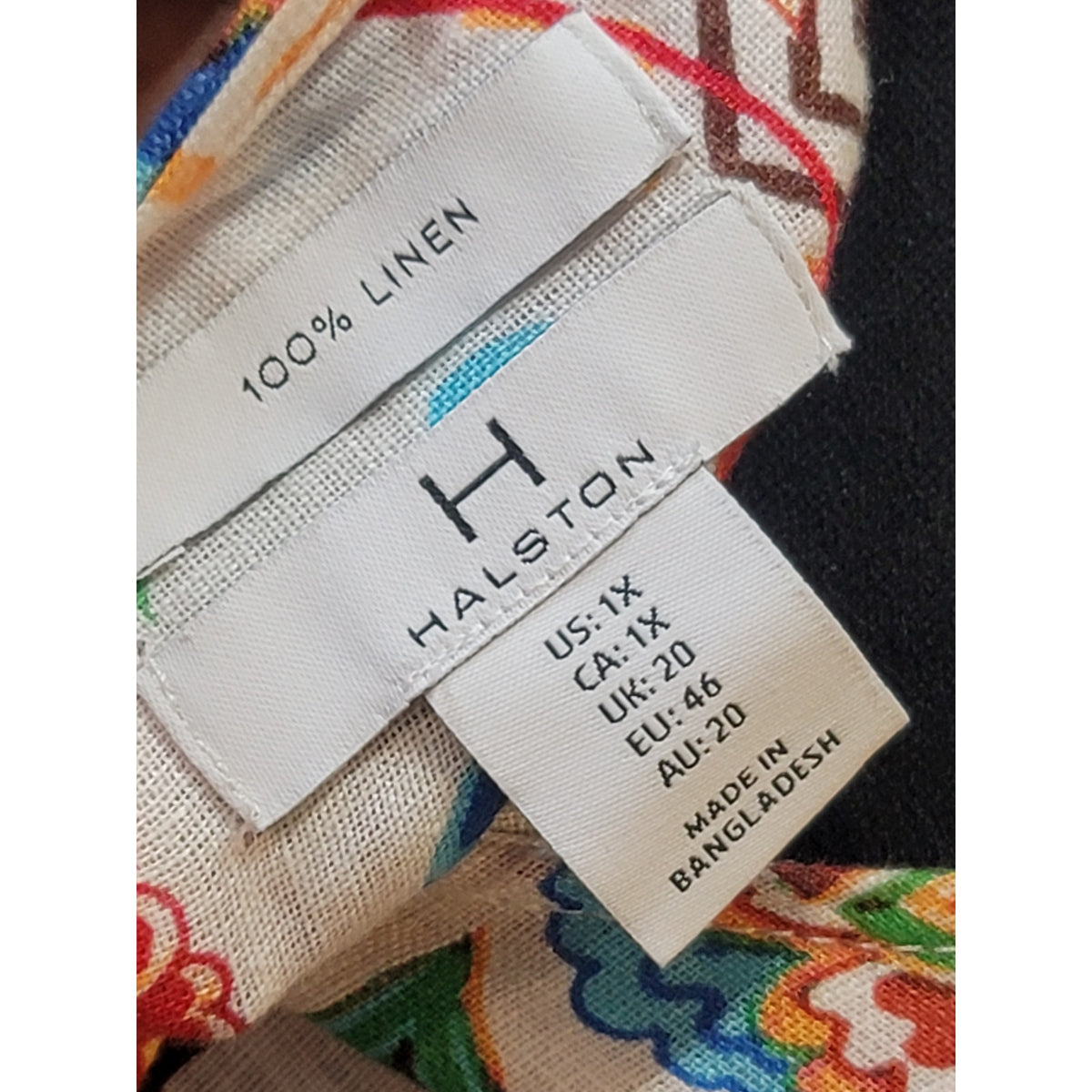 H Halston Blouse 1X Multi Linen Floral Scoop Long Sleeve Curved Hem Button-Up