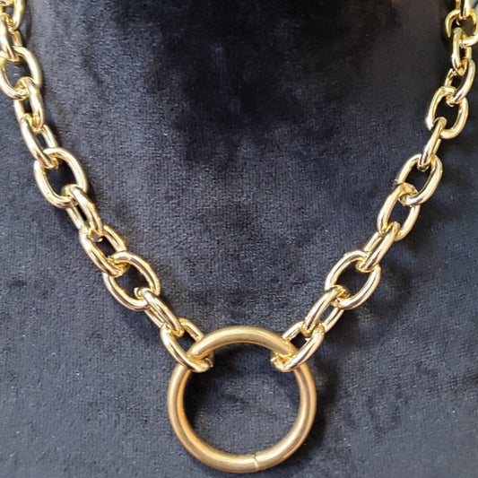 Womens Fashion Gold Tone Thick Chain Circle Pendant Necklace with Lobster Clasp