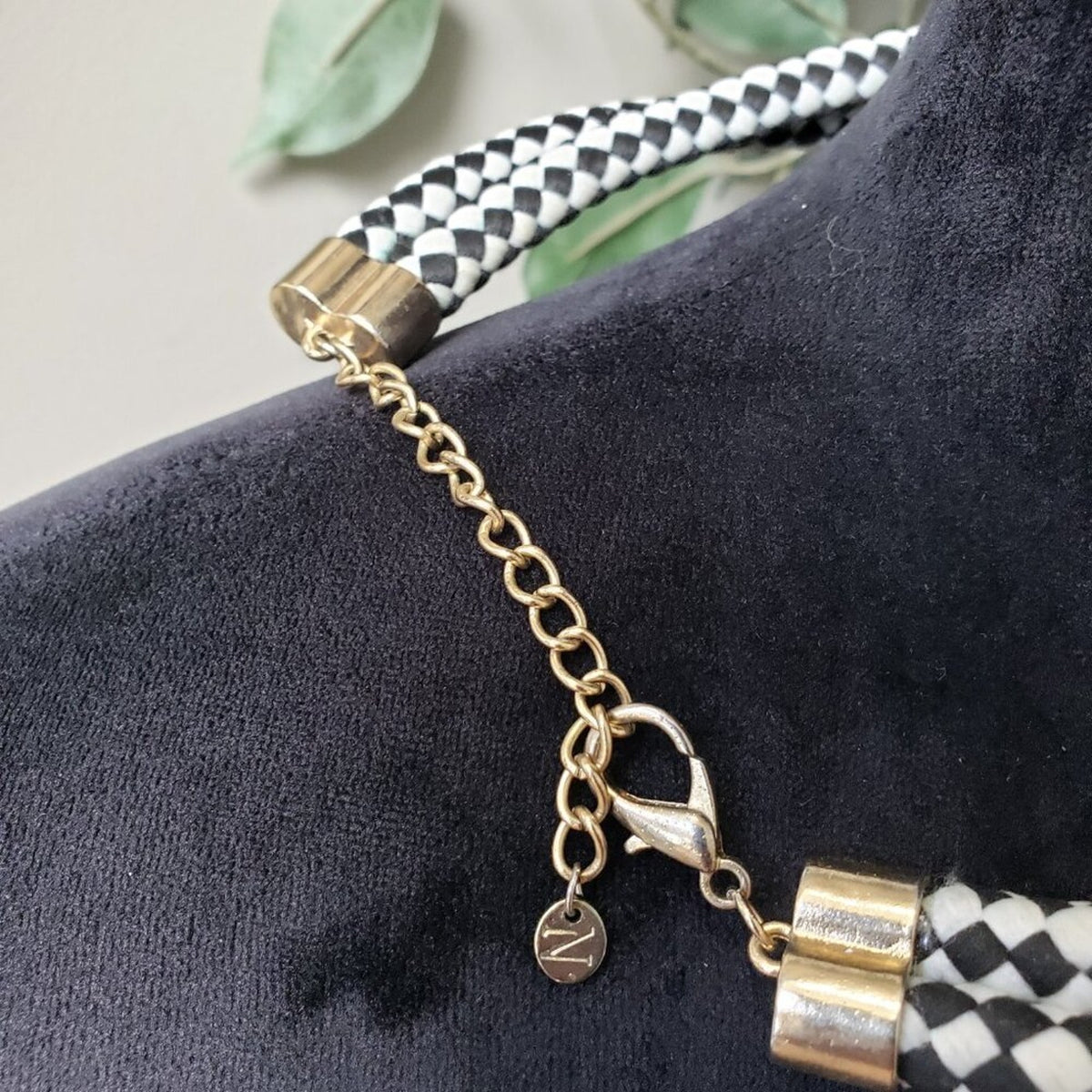 Womens White Black Leather Brass Two Layered Choker Necklace with Lobster Clasp