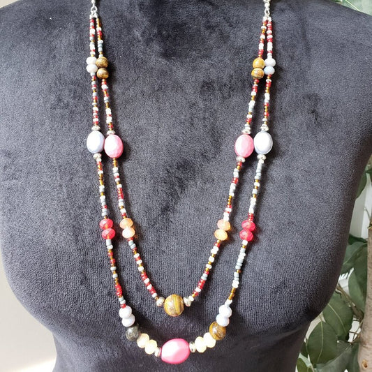 Women's Multi Faceted Glass & Quartz Beads 2 Strand Necklace with Lobster Clasp