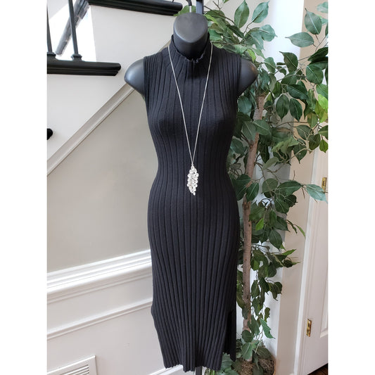 Olive + Oak Knee Length Dress Women's Large Black Ribbed Sleeveless Mock Neck