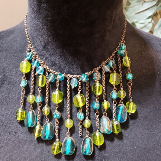 Womens Copper Tone Green Blue Glass Beads Fringe Charms Necklace with Lobster