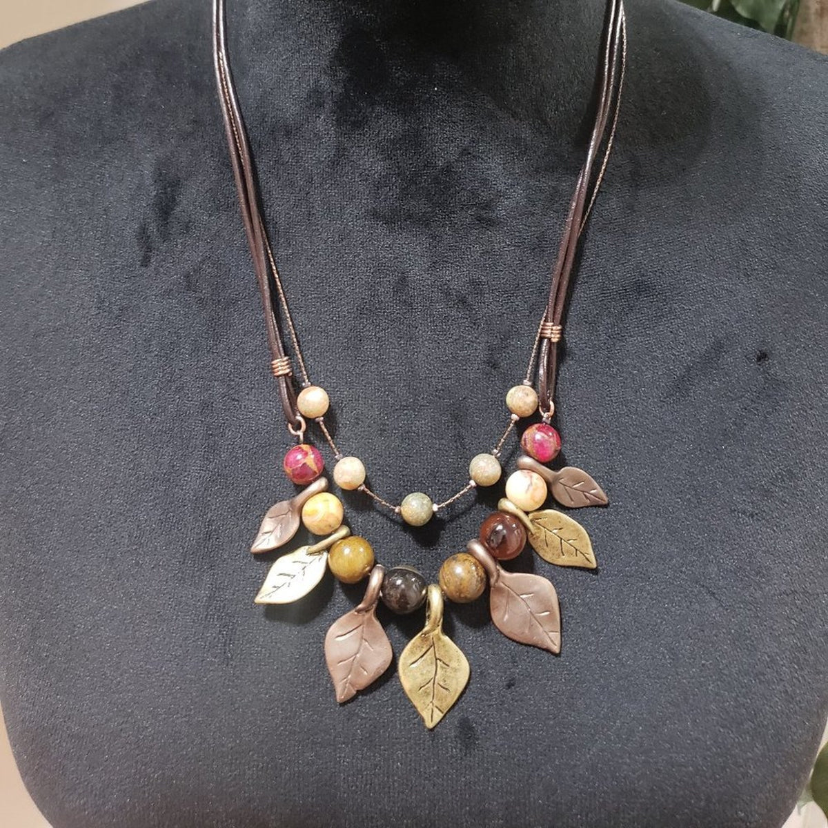 Christopher & Banks Vintage Metal Leaves and Marbled Beads Statement Necklace