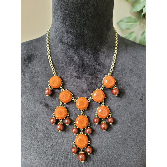 Women's Orange Faceted Gemstone and Brown Bead Dangle Necklace with Gold Chain