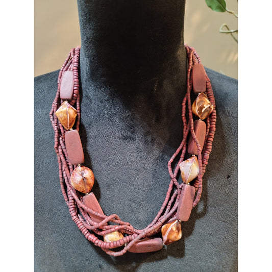 Women's Multistrand Beaded Necklace with Unique Lock and Natural Accents