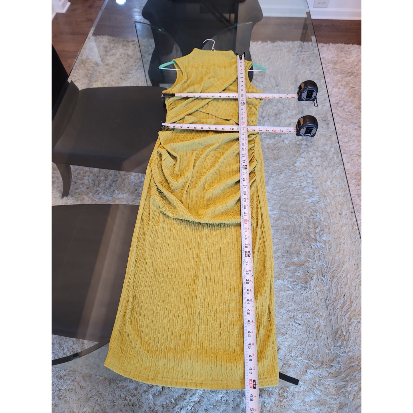 SHEIN Dress Women L Yellow Sleeveless Crinkle Ruched Midi Bodycon Chic