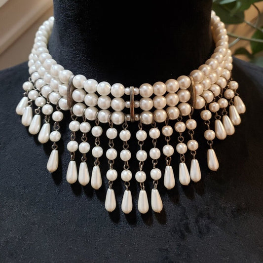 Womens Fashion Ivory Faux Pearl Multiple Layered Teardrop Necklace Jewelry