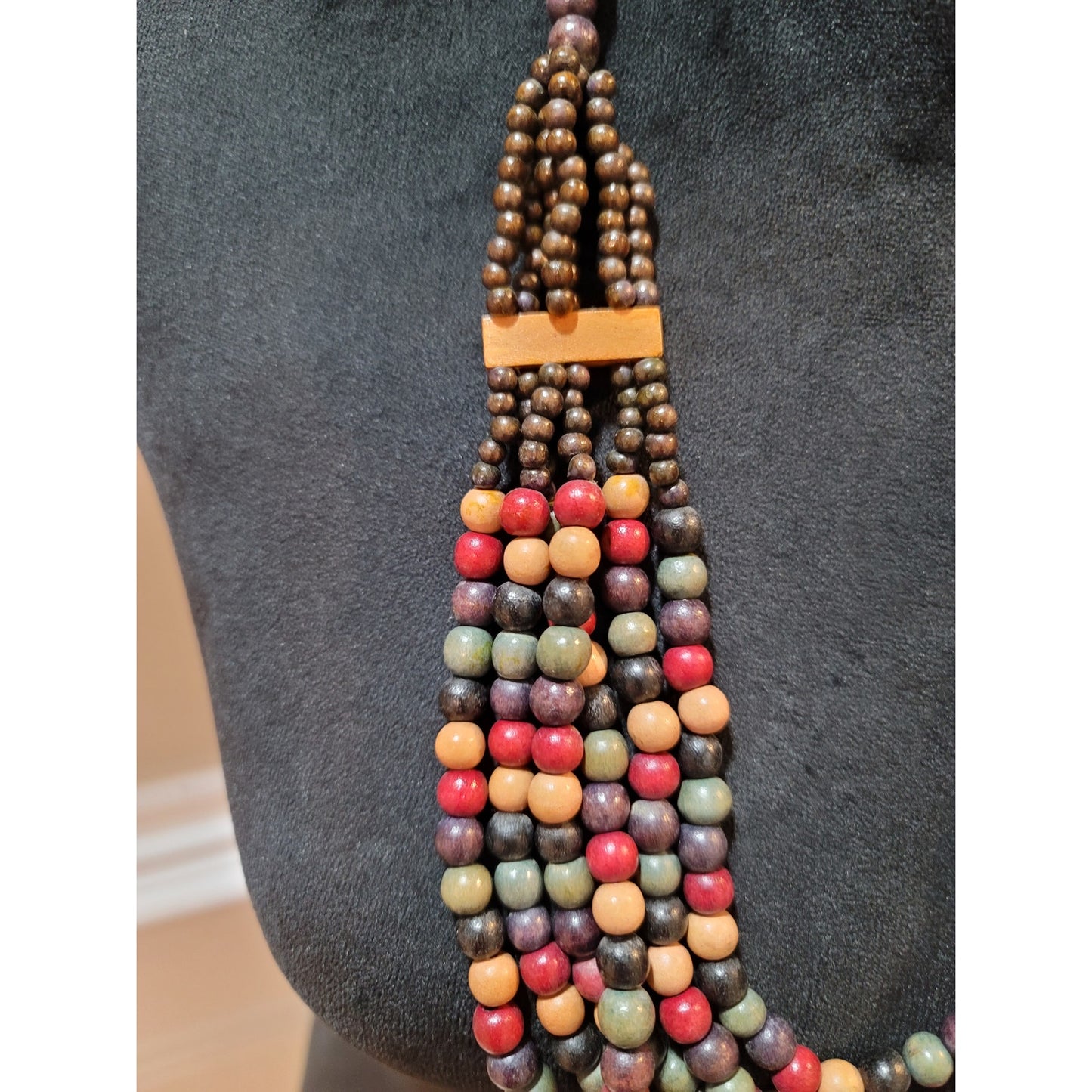 Women Multicolor Wooden Beaded Necklace Multi Strand Jewelry With Lobster Clasp