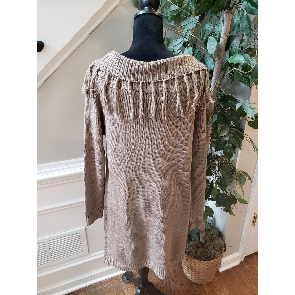 Cozy Casual Sweater Dress Women's Large Brown Geometric Cowl Neck Long Sleeve