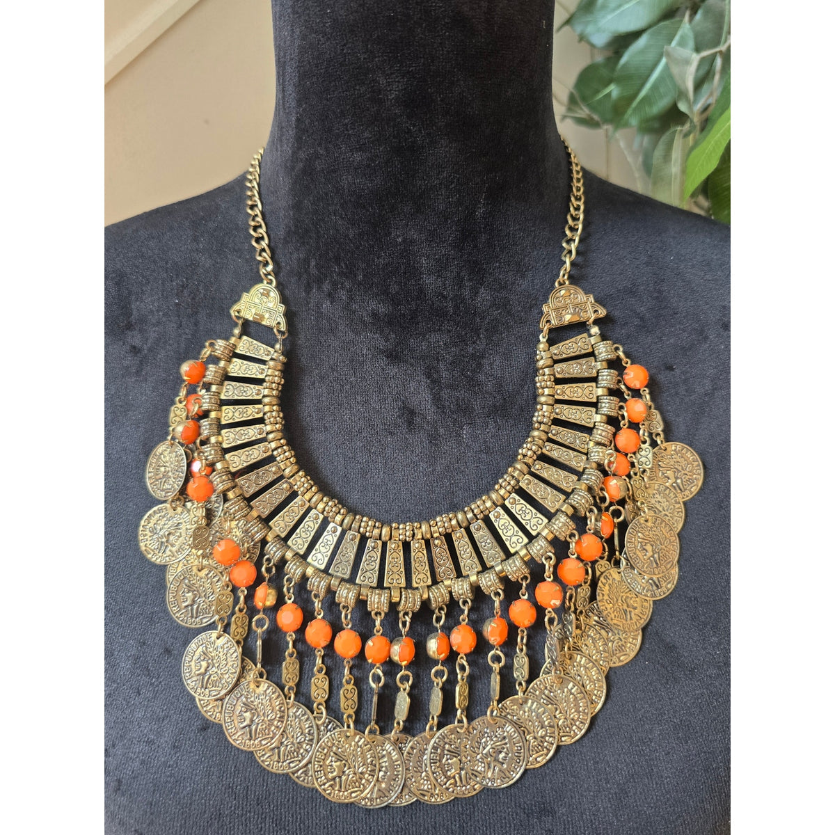 Lightweight Antique Gold Tone Orange Beaded Coin Bib Statement Necklace Boho