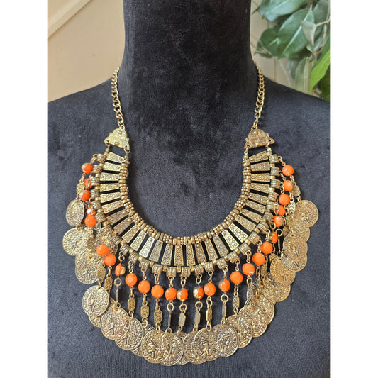 Lightweight Antique Gold Tone Orange Beaded Coin Bib Statement Necklace Boho