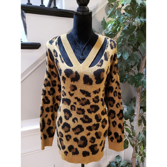 Love By Design Women's Brown Leopard Print Long Sleeve Cutout V Neck Sweater 2X